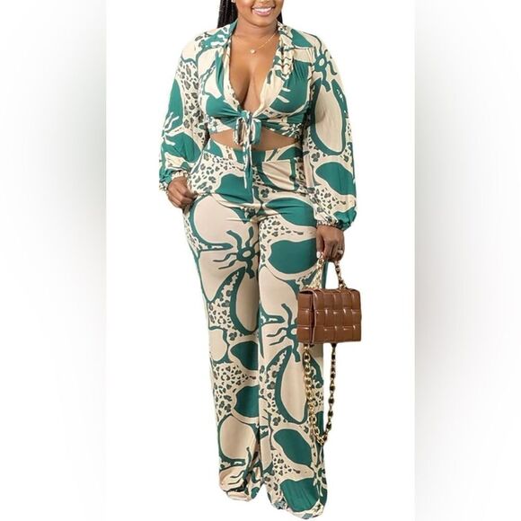 Pluse size 2 Piece Outfits Wide Leg Long Pants Set